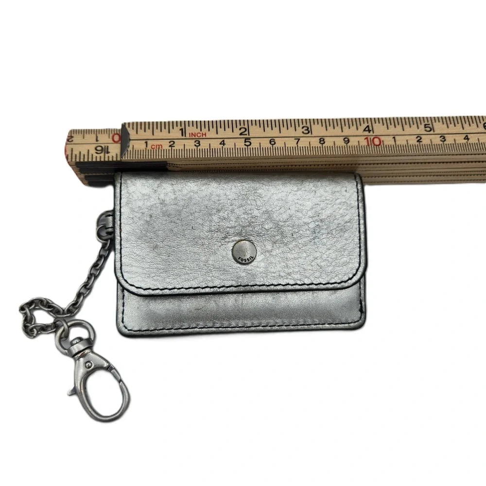 Fossil Valerie Leather‎ Card Case Silver Metallic Keychain Clip